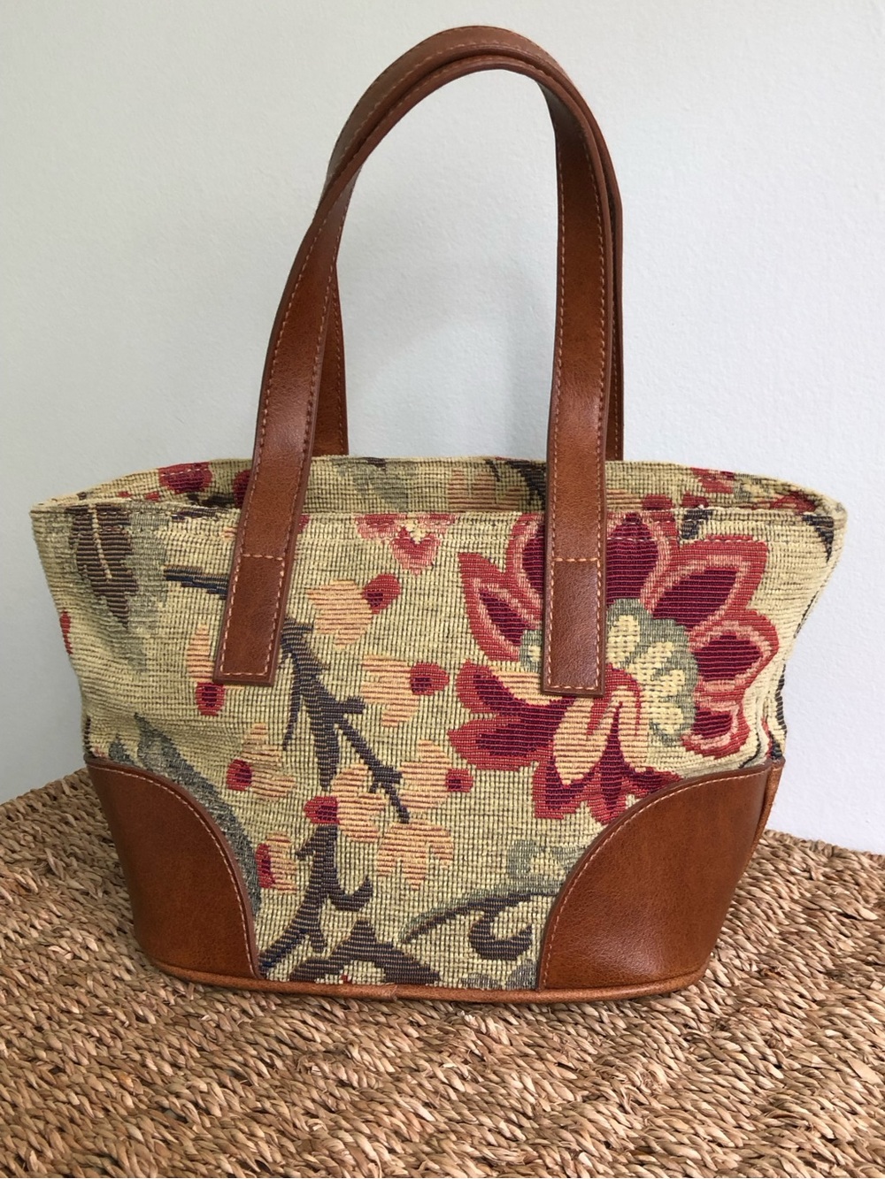 Y2K Cottagecore Liz Claiborne Floral Tapestry Mini Tote with Brown Trim